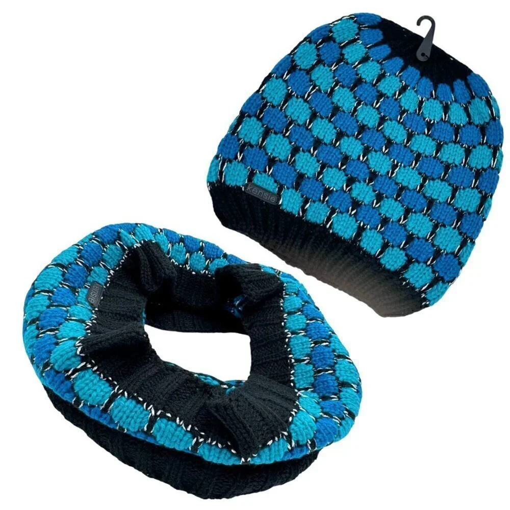 NWT KENSIE Knit Beanie & Infinity Scarf Set 2PCs Blue Turquoise Geometric